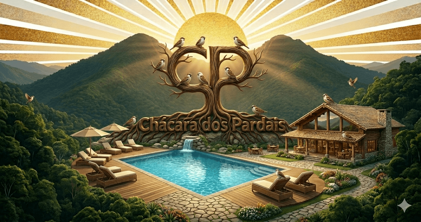 Logo Chácara dos Pardais — Árvore CP com pardais e montanhas ao fundo